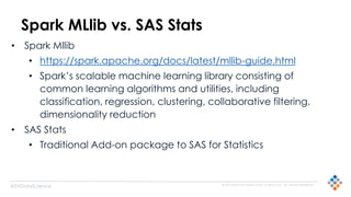 © 2015 SILICON VALLEY DATA SCIENCE LLC. ALL RIGHTS RESERVED.
@SVDataScience
Spark MLlib vs. SAS Stats
• Spark Mllib
• https://spark.apache.org/docs/latest/mllib-guide.html
• Spark’s scalable machine learning library consisting of
common learning algorithms and utilities, including
classification, regression, clustering, collaborative filtering,
dimensionality reduction
• SAS Stats
• Traditional Add-on package to SAS for Statistics
 