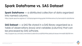© 2015 SILICON VALLEY DATA SCIENCE LLC. ALL RIGHTS RESERVED.
@SVDataScience
Spark DataFrame vs. SAS Dataset
Spark DataFrame — a distributed collection of data organized
into named columns.
https://spark.apache.org/docs/1.3.0/sql-programming-guide.html#rename-of-schemardd-to-dataframe
SAS Dataset — a SAS file stored in a SAS library organized as a
table of observations (rows) and variables (columns) that can
be processed by SAS software.
http://support.sas.com/documentation/cdl/en/lrcon/62955/HTML/default/viewer.htm#a001005709.htm
 