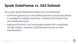 © 2015 SILICON VALLEY DATA SCIENCE LLC. ALL RIGHTS RESERVED.
@SVDataScience
How does Spark DataFrame differ from SAS Dataset?
• built from ground up to be distributed and can be processed
in parallel by multiple machines, whereas SAS Dataset has
non-distributed roots
• logical entity that is not necessarily paired with a serialized
on-disk version, whereas a SAS Dataset has an on-disk
manifestation
Spark DataFrame vs. SAS Dataset
 