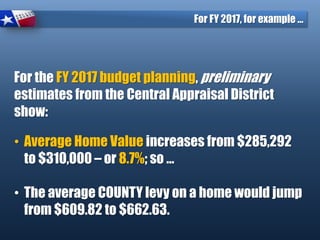 For FY 2017, for example …
For the FY 2017 budget planning, preliminary
estimates from the Central Appraisal District
show:
• Average Home Value increases from $285,292
to $310,000 – or 8.7%; so …
• The average COUNTY levy on a home would jump
from $609.82 to $662.63.
 
