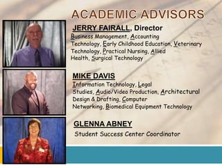JERRY FAIRALL, Director
Business Management, Accounting
Technology, Early Childhood Education, Veterinary
Technology, Practical Nursing, Allied
Health, Surgical Technology


MIKE DAVIS
Information Technology, Legal
Studies, Audio/Video Production, Architectural
Design & Drafting, Computer
Networking, Biomedical Equipment Technology


 GLENNA ABNEY
 Student Success Center Coordinator
 