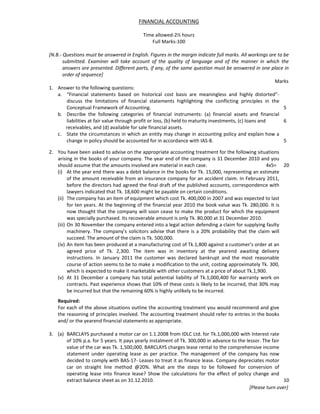 FINANCIAL ACCOUNTING 
 
Time allowed‐2½ hours 
Full Marks‐100 
 
[N.B.‐ Questions must be answered in English. Figures in the margin indicate full marks. All workings are to be 
submitted.  Examiner  will  take  account  of  the  quality  of  language  and  of  the  manner  in  which  the 
answers are presented. Different parts, if any, of the same question must be answered in one place in 
order of sequence] 
  Marks 
1.  Answer to the following questions:         
  a.  “Financial  statements  based  on  historical  cost  basis  are  meaningless  and  highly  distorted”‐ 
discuss  the  limitations  of  financial  statements  highlighting  the  conflicting  principles  in  the 
Conceptual Framework of Accounting.  5 
b.  Describe  the  following  categories  of  financial  instruments:  (a)  financial  assets  and  financial 
liabilities at fair value through profit or loss, (b) held to maturity investments, (c) loans and    6 
     receivables, and (d) available for sale financial assets. 
c.  State the circumstances in which an entity may change in accounting policy and explain how a 
change in policy should be accounted for in accordance with IAS‐8.  5 
 
2.   You have been asked to advise on the appropriate accounting treatment for the following situations 
arising in the books of your company. The year end of the company is 31 December 2010 and you 
should assume that the amounts involved are material in each case.  4x5=  20 
(i)  At the year end there was a debit balance in the books for Tk. 15,000, representing an estimate 
of the amount receivable from an insurance company for an accident claim. In February 2011, 
before the directors had agreed the final draft of the published accounts, correspondence with 
lawyers indicated that Tk. 18,600 might be payable on certain conditions. 
(ii)  The company has an item of equipment which cost Tk. 400,000 in 2007 and was expected to last 
for ten years. At the beginning of the financial year 2010 the book value was Tk. 280,000. It is 
now thought that the company will soon cease to make the product for which the equipment 
was specially purchased. Its recoverable amount is only Tk. 80,000 at 31 December 2010. 
(iii) On 30 November the company entered into a legal action defending a claim for supplying faulty 
machinery. The company’s solicitors advise that there is a 20% probability that the claim will 
succeed. The amount of the claim is Tk. 500,000. 
(iv) An item has been produced at a manufacturing cost of Tk.1,800 against a customer’s order at an 
agreed  price  of  Tk.  2,300.  The  item  was  in  inventory  at  the  yearend  awaiting  delivery 
instructions.  In  January  2011  the  customer  was  declared  bankrupt  and  the  most  reasonable 
course of action seems to be to make a modification to the unit, costing approximately Tk. 300, 
which is expected to make it marketable with other customers at a price of about Tk.1,900. 
(v)  At 31 December a company has total potential liability of Tk.1,000,400 for warranty work on 
contracts. Past experience shows that 10% of these costs is likely to be incurred, that 30% may 
be incurred but that the remaining 60% is highly unlikely to be incurred. 
 
  Required: 
    For each of the above situations outline the accounting treatment you would recommend and give 
the reasoning of principles involved. The accounting treatment should refer to entries in the books 
and/ or the yearend financial statements as appropriate.  
 
3.  (a)  BARCLAYS purchased a motor car on 1.1.2008 from IDLC Ltd. for Tk.1,000,000 with Interest rate 
of 10% p.a. for 5 years. It pays yearly instalment of Tk. 300,000 in advance to the lessor. The fair 
value of the car was Tk. 1,500,000. BARCLAYS charges lease rental to the comprehensive income 
statement  under  operating  lease  as  per  practice. The  management  of  the company  has  now 
decided to comply with BAS‐17‐ Leases to treat it as finance lease. Company depreciates motor 
car  on  straight  line  method  @20%.  What  are  the  steps  to  be  followed  for  conversion  of 
operating lease into finance lease? Show the calculations for the effect of policy change and 
extract balance sheet as on 31.12.2010.  10  
[Please turn over] 
 