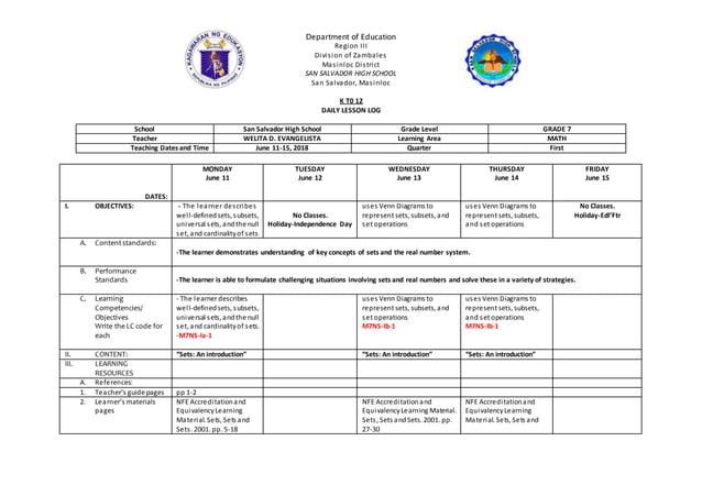 DLL Math Grade 7 second week | DOCX | Homework and Study | Education