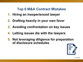 46
Top 6 M&A Contract Mistakes
1. Hiring an inexperienced lawyer
2. Drafting heavily in your own favor
3. Avoiding confrontation on key issues
4. Letting issues die with the lawyers
5. Not leveraging diligence for preparation
of disclosure schedules
 