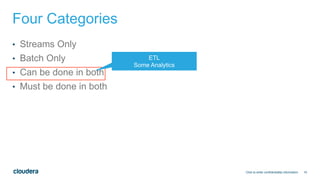 10
Four Categories
• Streams Only
• Batch Only
• Can be done in both
• Must be done in both
Click to enter confidentiality information
ETL
Some Analytics
 