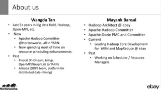 About us
Wangda Tan
• Last 5+ years in big data field, Hadoop,
Open-MPI, etc.
• Now
• Apache Hadoop Committer
@Hortonworks, all in YARN.
• Now spending most of time on
resource scheduling enhancements.
• Past
• Pivotal (PHD team, brings
OpenMPI/GraphLab to YARN)
• Alibaba (ODPS team, platform for
distributed data-mining)
Mayank Bansal
• Hadoop Architect @ ebay
• Apache Hadoop Committer
• Apache Oozie PMC and Committer
• Current
• Leading Hadoop Core Development
for YARN and MapReduce @ ebay
• Past
• Working on Scheduler / Resource
Managers
 