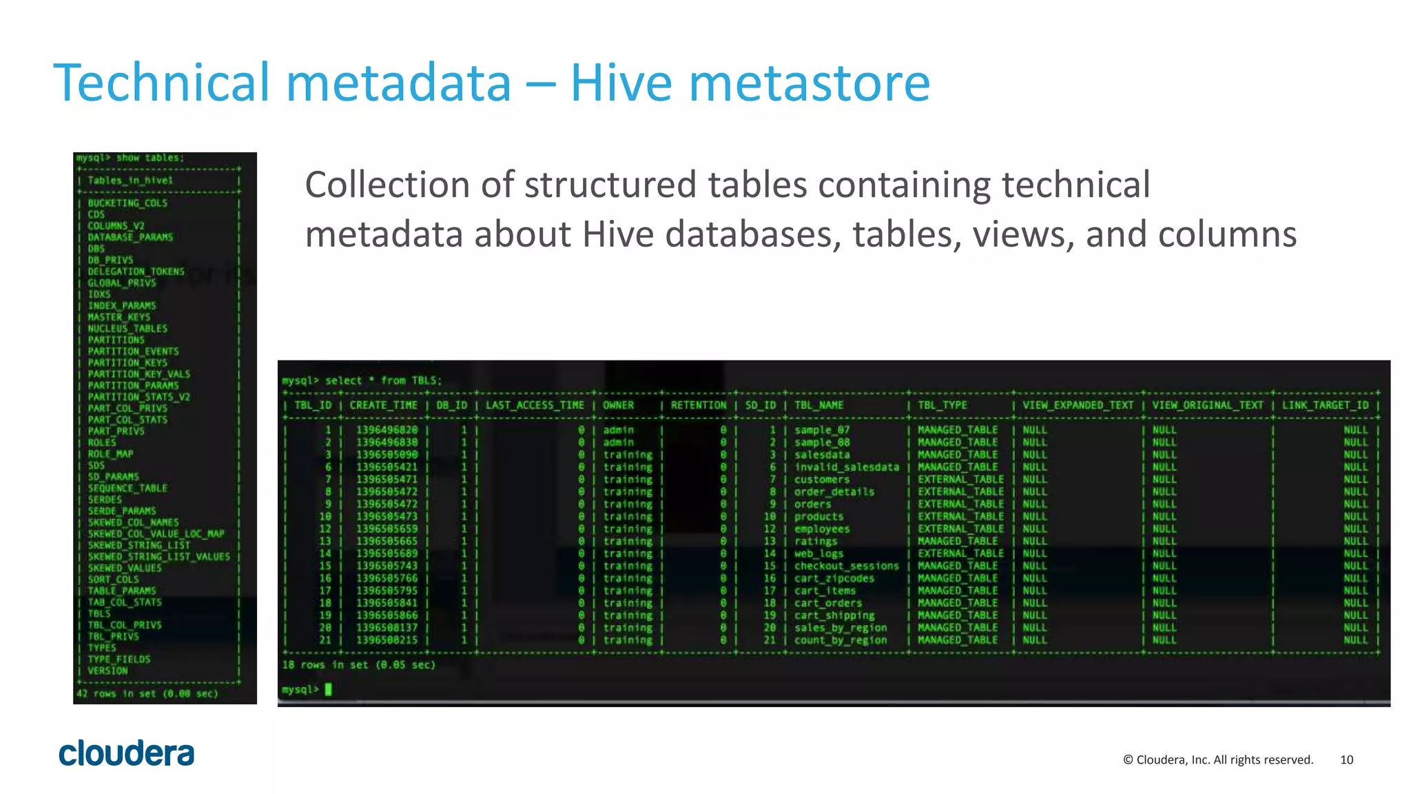 10© Cloudera, Inc. All rights reserved.
Technical metadata – Hive metastore
Collection of structured tables containing technical
metadata about Hive databases, tables, views, and columns
 