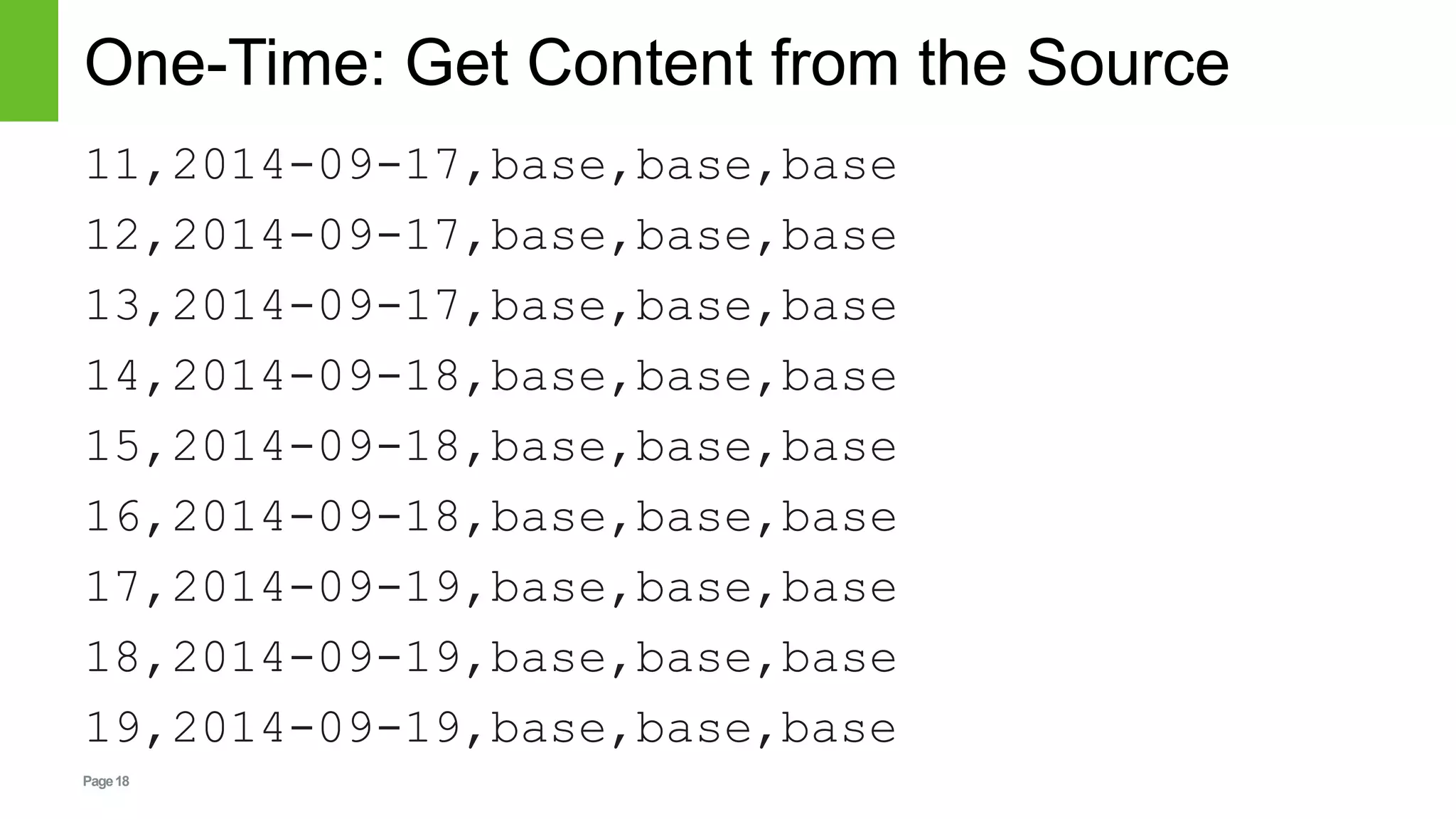 Page18
One-Time: Get Content from the Source
11,2014-09-17,base,base,base
12,2014-09-17,base,base,base
13,2014-09-17,base,base,base
14,2014-09-18,base,base,base
15,2014-09-18,base,base,base
16,2014-09-18,base,base,base
17,2014-09-19,base,base,base
18,2014-09-19,base,base,base
19,2014-09-19,base,base,base
 