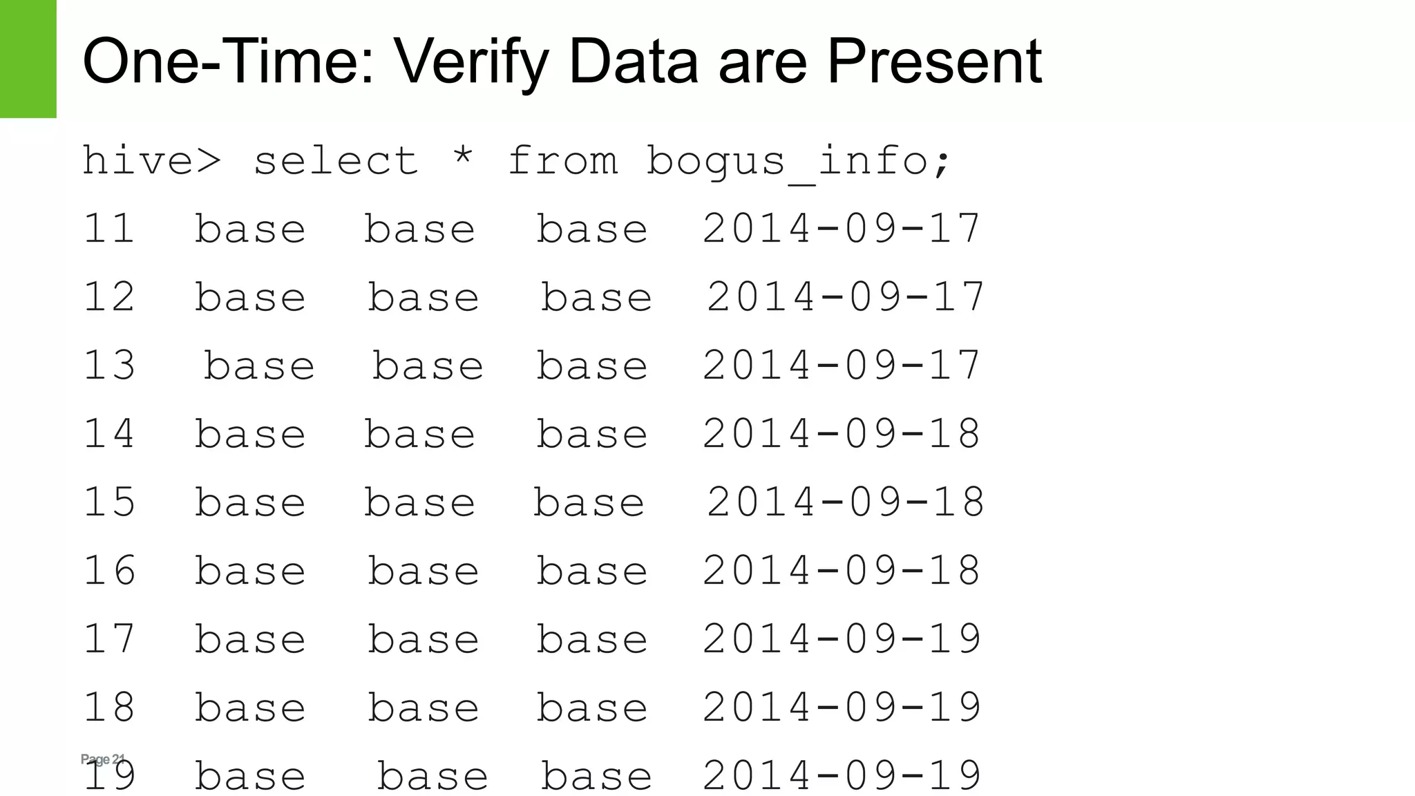 Page21
One-Time: Verify Data are Present
hive> select * from bogus_info;
11 base base base 2014-09-17
12 base base base 2014-09-17
13 base base base 2014-09-17
14 base base base 2014-09-18
15 base base base 2014-09-18
16 base base base 2014-09-18
17 base base base 2014-09-19
18 base base base 2014-09-19
19 base base base 2014-09-19
 
