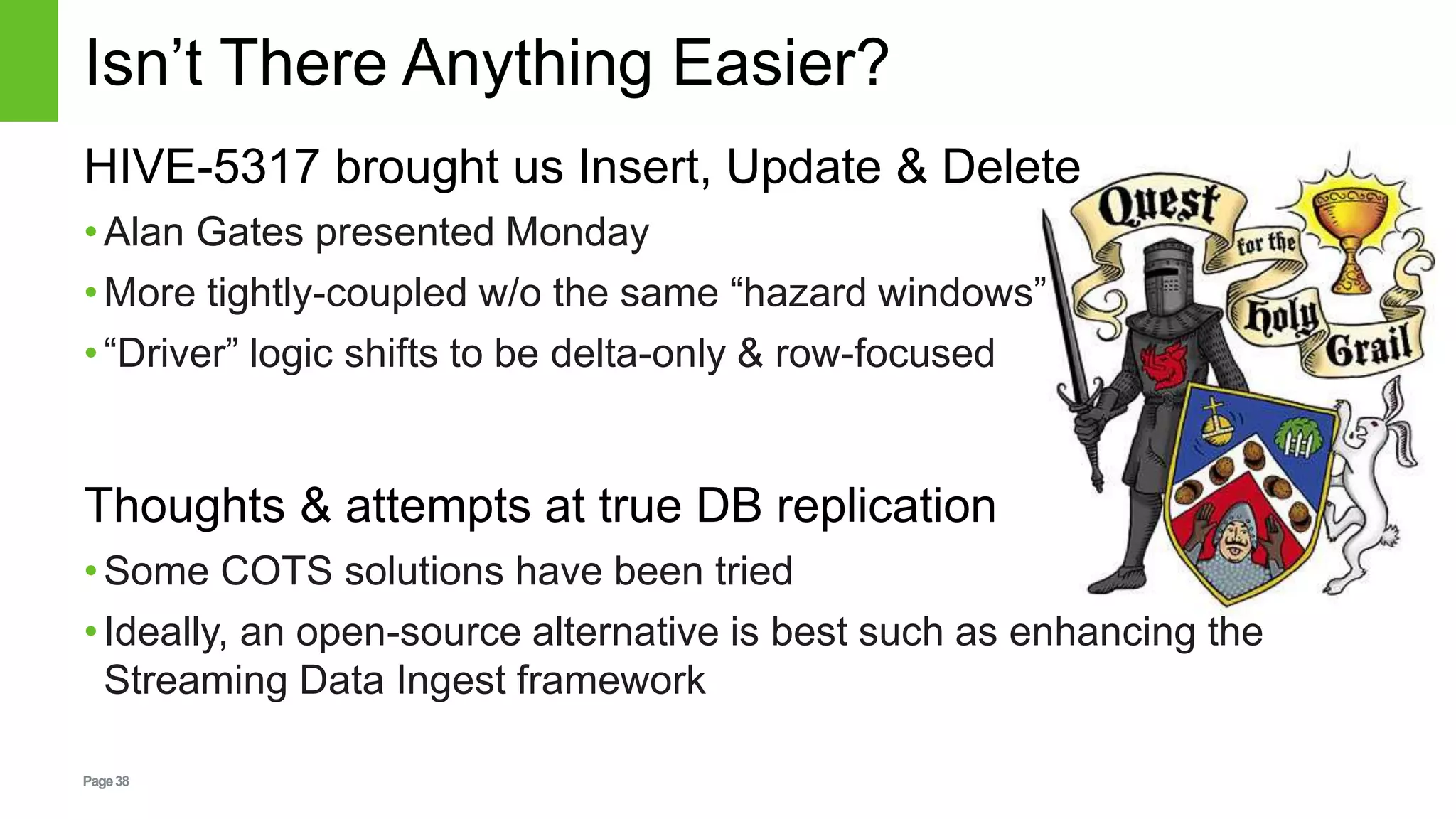 Page38
Isn’t There Anything Easier?
HIVE-5317 brought us Insert, Update & Delete
•Alan Gates presented Monday
•More tightly-coupled w/o the same “hazard windows”
•“Driver” logic shifts to be delta-only & row-focused
Thoughts & attempts at true DB replication
•Some COTS solutions have been tried
•Ideally, an open-source alternative is best such as enhancing the
Streaming Data Ingest framework
 