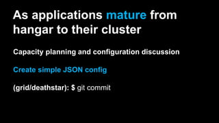 (grid/deathstar): $ git commit
Capacity planning and configuration discussion
Create simple JSON config
As applications mature from
hangar to their cluster
 