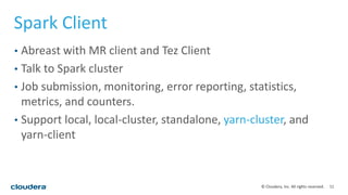 11© Cloudera, Inc. All rights reserved.
Spark Client
• Abreast with MR client and Tez Client
• Talk to Spark cluster
• Job submission, monitoring, error reporting, statistics,
metrics, and counters.
• Support local, local-cluster, standalone, yarn-cluster, and
yarn-client
 