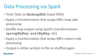 15© Cloudera, Inc. All rights reserved.
Data Processing via Spark
• Treat Table as HadoopRDD (input RDD)
• Apply a transformation that wraps MR’s map-side
processing
• Shuffle map output using Spark’s transformations
(groupByKey, sortByKey, etc)
• Apply a transformation that wraps MR’s reduce-side
processing
• Output is either written to file or shuffled again
 