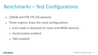 24© Cloudera, Inc. All rights reserved.
Benchmarks – Test Configurations
 320GB and 4TB TPC-DS datasets
 Three engines share the most configurations
 Each node is allocated 32 cores and 48GB memory
 Vectorization enabled
 CBO enabled
 