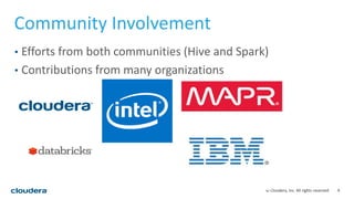 4© Cloudera, Inc. All rights reserved.
Community Involvement
• Efforts from both communities (Hive and Spark)
• Contributions from many organizations
 
