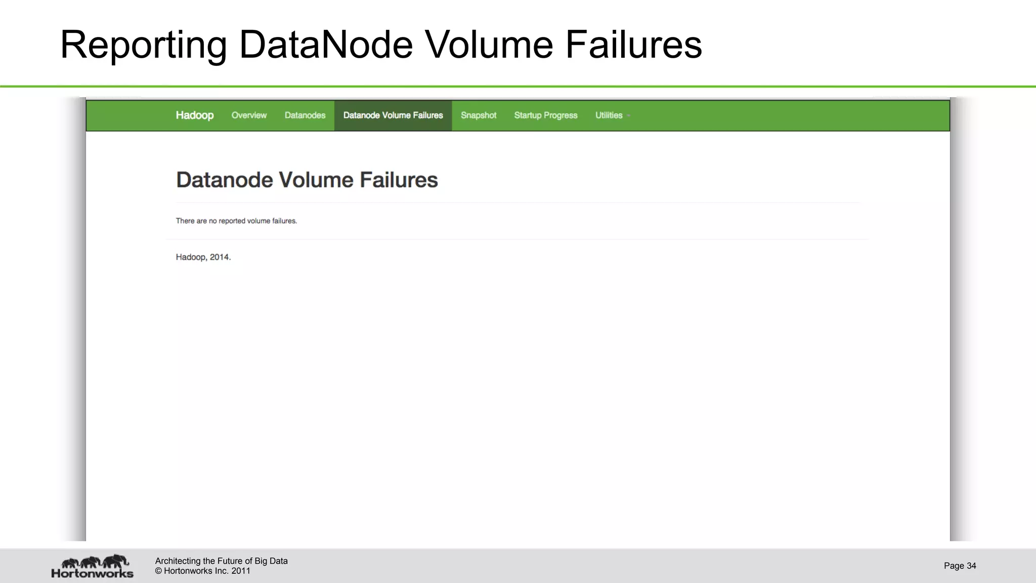 © Hortonworks Inc. 2011 Reporting DataNode Volume Failures Page 34 Architecting the Future of Big Data 
