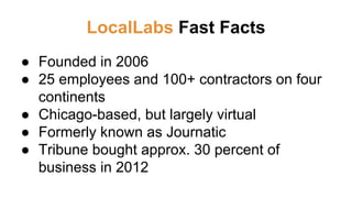 LocalLabs Fast Facts
● Founded in 2006
● 25 employees and 100+ contractors on four
continents
● Chicago-based, but largely virtual
● Formerly known as Journatic
● Tribune bought approx. 30 percent of
business in 2012