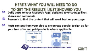 Daily posts to your Facebook Page, designed to encourage likes,
shares and comments.
Research to find the content that will work best on your page

Posts content from your blog to encourage people to sign up for
your free offer and paid products where applicable.

 