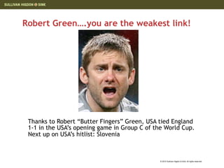 Robert Green….you are the weakest link!




 Thanks to Robert “Butter Fingers” Green, USA tied England
 1-1 in the USA’s opening game in Group C of the World Cup.
 Next up on USA’s hitlist: Slovenia



                                               © 2010 Sullivan Higdon & Sink. All rights reserved.
 