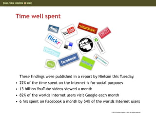 Time well spent




  These findings were published in a report by Nielson this Tuesday.
• 22% of the time spent on the Internet is for social purposes
• 13 billion YouTube videos viewed a month
• 82% of the worlds Internet users visit Google each month
• 6 hrs spent on Facebook a month by 54% of the worlds Internet users

                                                       © 2010 Sullivan Higdon & Sink. All rights reserved.
 