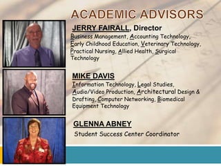 JERRY FAIRALL, Director
Business Management, Accounting Technology,
Early Childhood Education, Veterinary Technology,
Practical Nursing, Allied Health, Surgical
Technology


MIKE DAVIS
Information Technology, Legal Studies,
Audio/Video Production, Architectural Design &
Drafting, Computer Networking, Biomedical
Equipment Technology


 GLENNA ABNEY
 Student Success Center Coordinator
 