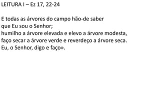LEITURA I – Ez 17, 22-24
E todas as árvores do campo hão-de saber
que Eu sou o Senhor;
humilho a árvore elevada e elevo a árvore modesta,
faço secar a árvore verde e reverdeço a árvore seca.
Eu, o Senhor, digo e faço».
 