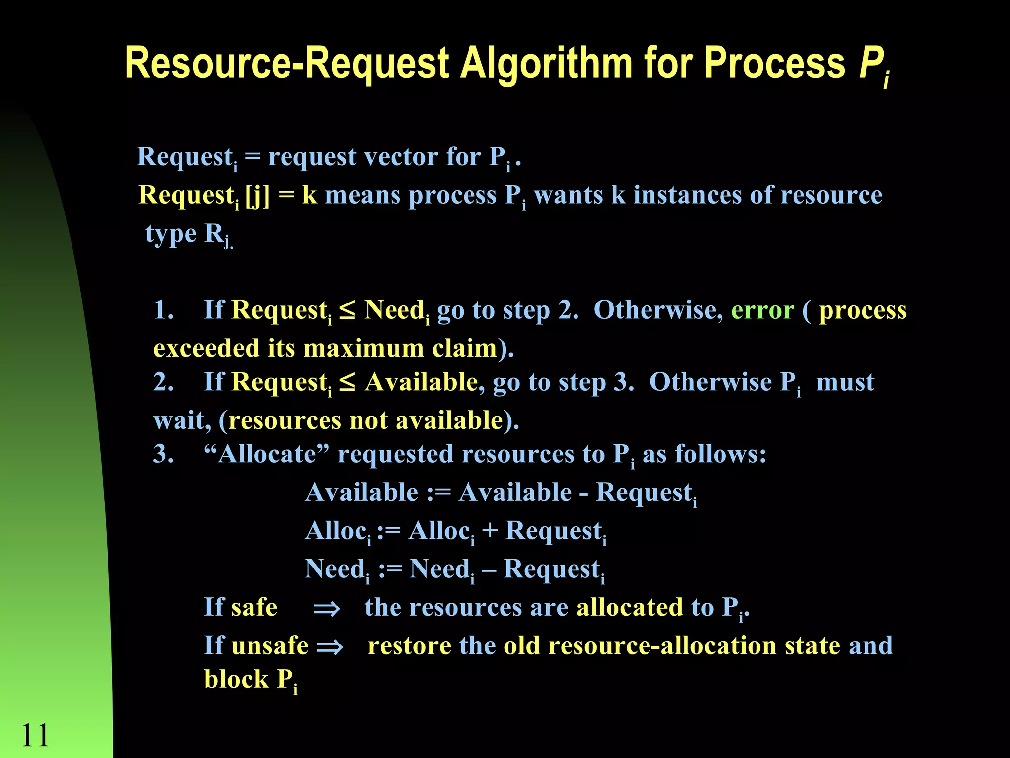 Resource-Request Algorithm for Process Pi
Requesti = request vector for Pi .
Requesti [j] = k means process Pi wants k instances of resource
type Rj.
1. If Requesti ≤ Needi go to step 2. Otherwise, error ( process
exceeded its maximum claim).
2. If Requesti ≤ Available, go to step 3. Otherwise Pi must
wait, (resources not available).
3. “Allocate” requested resources to Pi as follows:
Available := Available - Requesti
Alloci := Alloci + Requesti
Needi := Needi – Requesti
If safe ⇒ the resources are allocated to Pi.
If unsafe ⇒ restore the old resource-allocation state and
block Pi

11

Chapter 8

 