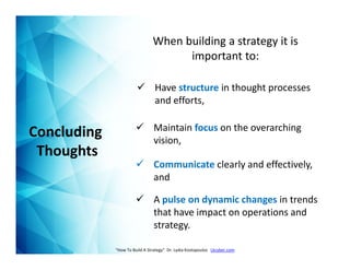 Concluding
Thoughts
When building a strategy it is
important to:
“How To Build A Strategy” Dr. Lydia Kostopoulos Lkcyber.com
 Have structure in thought processes
and efforts,
 Maintain focus on the overarching
vision,
 Communicate clearly and effectively,
and
 A pulse on dynamic changes in trends
that have impact on operations and
strategy.
 