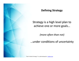 Defining Strategy
Strategy is a high level plan to
achieve one or more goals…
(more often than not)
…under conditions of uncertainty
“How To Build A Strategy” Dr. Lydia Kostopoulos Lkcyber.com
 