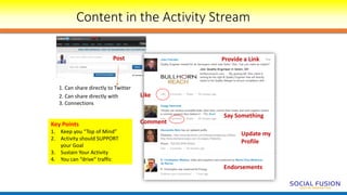 Content in the Activity Stream
Post
Update my
Profile
Endorsements
Provide a Link
Say Something
Like
Comment
1. Can share directly to Twitter
2. Can share directly with
3. Connections
Key Points
1. Keep you “Top of Mind”
2. Activity should SUPPORT
your Goal
3. Sustain Your Activity
4. You can “drive” traffic
 