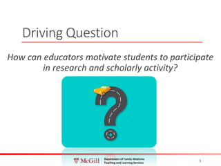 Department of Family Medicine
Teaching and Learning Services
Driving Question
How can educators motivate students to participate
in research and scholarly activity?
5
 