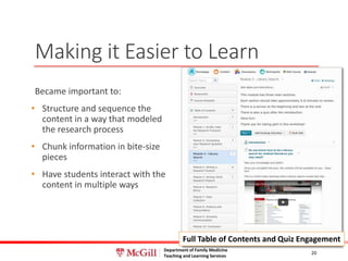 Department of Family Medicine
Teaching and Learning Services
Making it Easier to Learn
Became important to:
• Structure and sequence the
content in a way that modeled
the research process
• Chunk information in bite-size
pieces
• Have students interact with the
content in multiple ways
20
Full Table of Contents and Quiz Engagement
 
