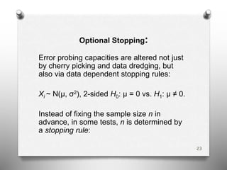 Optional Stopping:
Error probing capacities are altered not just
by cherry picking and data dredging, but
also via data dependent stopping rules:
Xi ~ N(μ, σ2), 2-sided H0: μ = 0 vs. H1: μ ≠ 0.
Instead of fixing the sample size n in
advance, in some tests, n is determined by
a stopping rule:
23
 