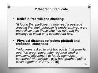 2 that didn’t replicate
• Belief in free will and cheating
“It found that participants who read a passage
arguing that their behavior is predetermined were
more likely than those who had not read the
passage to cheat on a subsequent test.”
• Physical distance (of points plotted) and
emotional closeness
“Volunteers asked to plot two points that were far
apart on graph paper later reported weaker
emotional attachment to family members,
compared with subjects who had graphed points
close together.” (Carey, 2015) 60
 