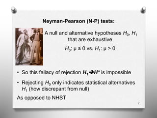 Neyman-Pearson (N-P) tests:
A null and alternative hypotheses H0, H1
that are exhaustive
H0: μ ≤ 0 vs. H1: μ > 0
• So this fallacy of rejection H1H* is impossible
• Rejecting H0 only indicates statistical alternatives
H1 (how discrepant from null)
As opposed to NHST
7
 