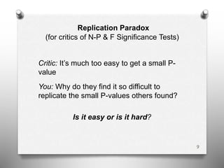 Replication Paradox
(for critics of N-P & F Significance Tests)
Critic: It’s much too easy to get a small P-
value
You: Why do they find it so difficult to
replicate the small P-values others found?
Is it easy or is it hard?
9
 
