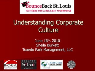 Understanding Corporate Culture June 16 th , 2010 Sheila Burkett Tuxedo Park Management, LLC 
