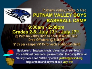 Putnam Valley Parks & RecPutnam Valley Parks & Rec
PUTNAM VALLEY BOYSPUTNAM VALLEY BOYS
BASEBALL CAMPBASEBALL CAMP
Equipment: Sneakers/cleats, glove, lunch, sun-block.Equipment: Sneakers/cleats, glove, lunch, sun-block.
For additional questions, please contact the Camp DirectorFor additional questions, please contact the Camp Director
Varsity Coach Joe Natalie by email:Varsity Coach Joe Natalie by email: jnatalie@pvscd.orgjnatalie@pvscd.org
Registration and payment dueRegistration and payment due July 1July 1stst
!!!!
9:00am - 2:00pm9:00am - 2:00pm
Grades 2-8: July 13Grades 2-8: July 13thth
- July 17- July 17thth
@ Putnam Valley High School Baseball Field@ Putnam Valley High School Baseball Field
Drop-Off starts @ 8:45AMDrop-Off starts @ 8:45AM
$135 per camper ($115 for each additional child)$135 per camper ($115 for each additional child)
 