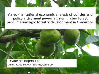 A neo-institutional economic analysis of policies and
policy instrument governing non timber forest
products and agro forestry development in Cameroon
Divine Foundjem Tita
June 18, 2013 ICRAF Yaounde, Cameroon
1
 