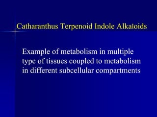 Catharanthus Terpenoid Indole Alkaloids
Example of metabolism in multiple
type of tissues coupled to metabolism
in different subcellular compartments
 