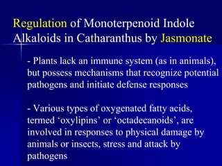 Regulation of Monoterpenoid Indole
Alkaloids in Catharanthus by Jasmonate
- Plants lack an immune system (as in animals),
but possess mechanisms that recognize potential
pathogens and initiate defense responses
- Various types of oxygenated fatty acids,
termed ‘oxylipins’ or ‘octadecanoids’, are
involved in responses to physical damage by
animals or insects, stress and attack by
pathogens
 