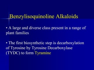 Benzylisoquinoline Alkaloids
• A large and diverse class present in a range of
plant families
• The first biosynthetic step is decarboxylation
of Tyrosine by Tyrosine Decarboxylase
(TYDC) to form Tyramine
 