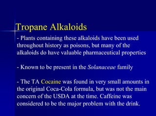 Tropane Alkaloids
- Plants containing these alkaloids have been used
throughout history as poisons, but many of the
alkaloids do have valuable pharmaceutical properties
- Known to be present in the Solanaceae family
- The TA Cocaine was found in very small amounts in
the original Coca-Cola formula, but was not the main
concern of the USDA at the time. Caffeine was
considered to be the major problem with the drink.
 