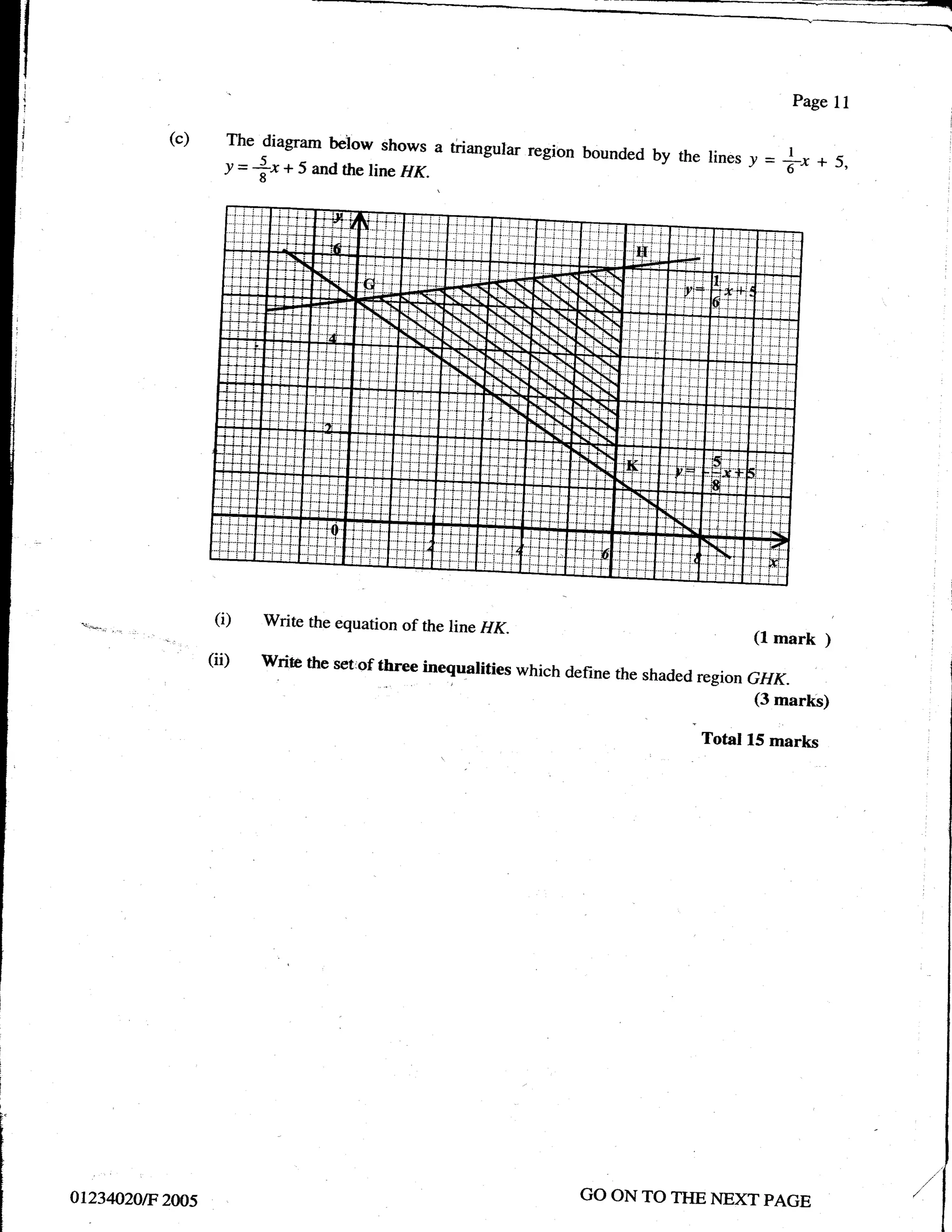 page l1

          (c)       The diagram beiow shows            a   triangular region bounded   bythelinesy=5+5,
                    y=        + 5 and the line I/rK.
                         *"




                  (i)     Write the equation of the line IlrK.
                                                                                                 (L   mark )
                 (ii)    wrise the set:of three inequarities
                                                             which define the shaded region
                                                                                            GHK.
                                                                                             (3 marks)

                                                                                           Total 15 marks




01234020tF zms                                                             GO ON TO TIIE NEXT PAGE
 