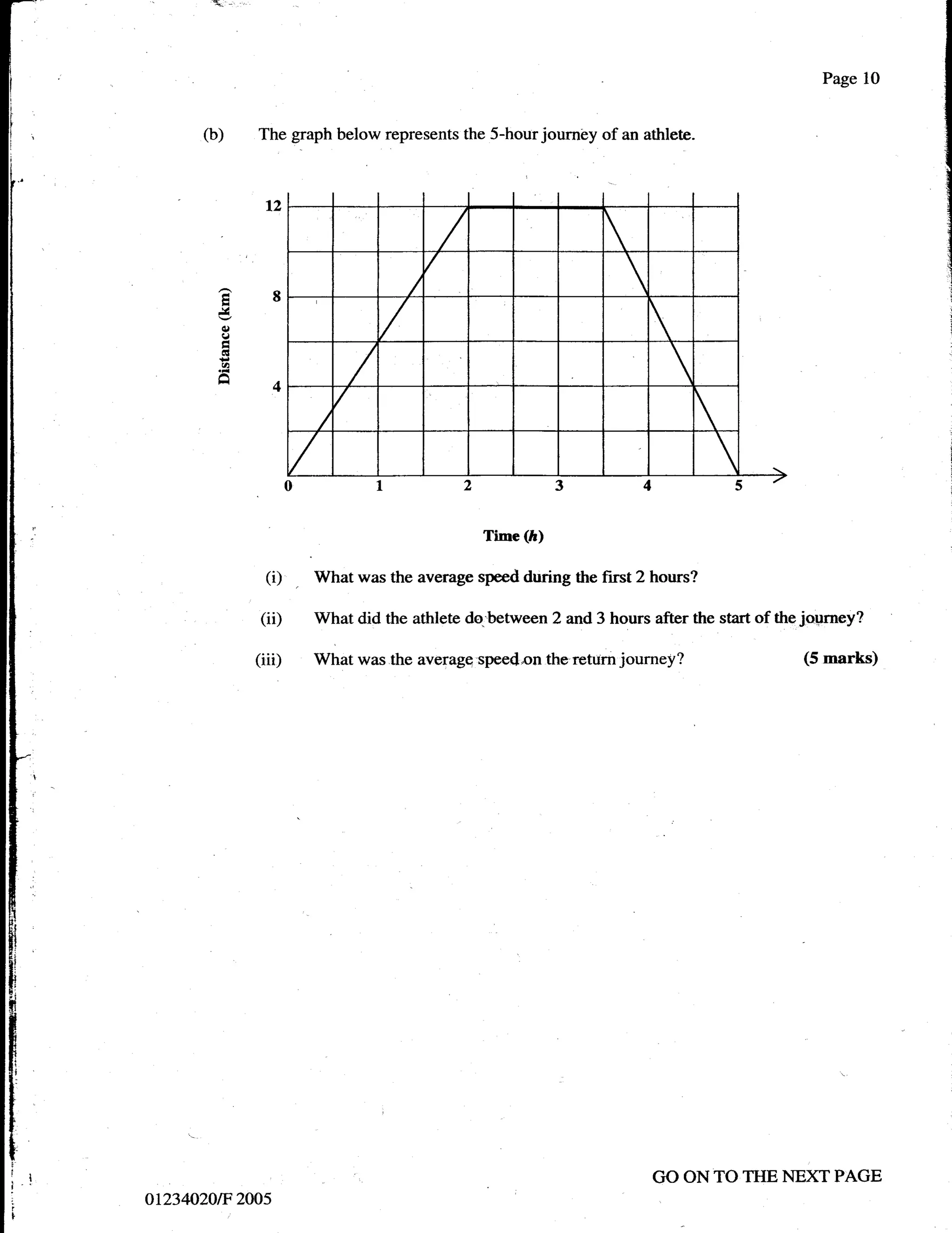 Page 10


      (b)     The graph below represents the 5-hour journby of an athlete.



               t2

                                                                 
                                                                     
        e8
         q)
         9                                                               
         GI
         ah
                                                                             
                  +

                                                                                 
                                                                                     
                      012345

                                                Time (fr)

               (D       What was the average speed during the first 2 hours?

              (ii)      What did the athlete do.'between 2 and 3 hours after the start of the journey?

              (iii)     What was the average'spee4"on the'return     journey?                (5 marks)




                                                                         GO ON TO TTIE NEXT PAGE
ot234020tF 2005
 