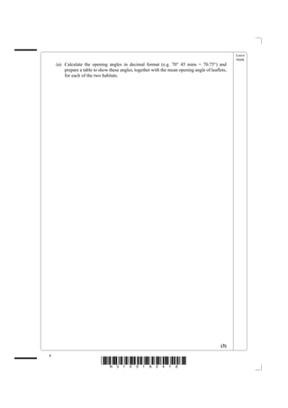 Leave
                                                                                                  blank
    (a) Calculate the opening angles in decimal format (e.g. 70° 45 mins = 70.75°) and
        prepare a table to show these angles, together with the mean opening angle of leaflets,
        for each of the two habitats.




                                                                                            (3)
4
                            *N31051A0416*
 