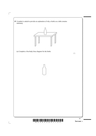 15 A student is asked to provide an explanation of why a bottle on a table remains
   stationary.




   (a) Complete a free-body force diagram for the bottle.
                                                                                     (2)




                                                                                            11
                            *N34505A01124*                                             Turn over
 