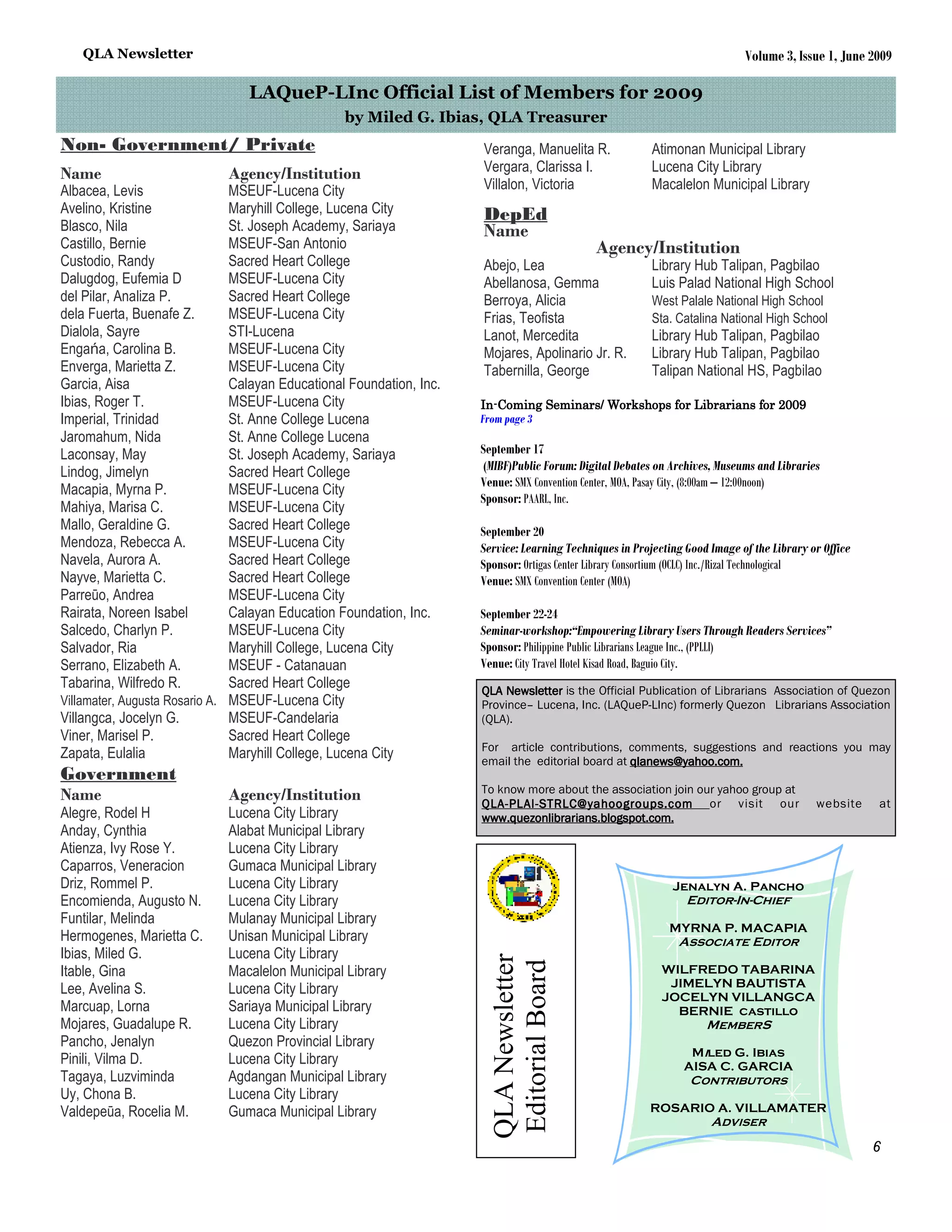 QLA Newsletter                                                                                                            Volume 3, Issue 1, June 2009

                                 LAQueP-LInc Official List of Members for 2009
                                                  by Miled G. Ibias, QLA Treasurer
Non- Government/ Private                                              Veranga, Manuelita R.               Atimonan Municipal Library
Name                         Agency/Institution                       Vergara, Clarissa I.                Lucena City Library
Albacea, Levis                 MSEUF-Lucena City                      Villalon, Victoria                  Macalelon Municipal Library
Avelino, Kristine              Maryhill College, Lucena City          DepEd
Blasco, Nila                   St. Joseph Academy, Sariaya            Name
Castillo, Bernie               MSEUF-San Antonio                                              Agency/Institution
Custodio, Randy                Sacred Heart College                   Abejo, Lea                          Library Hub Talipan, Pagbilao
Dalugdog, Eufemia D            MSEUF-Lucena City                      Abellanosa, Gemma                   Luis Palad National High School
del Pilar, Analiza P.          Sacred Heart College                   Berroya, Alicia                     West Palale National High School
dela Fuerta, Buenafe Z.        MSEUF-Lucena City                      Frias, Teofista                     Sta. Catalina National High School
Dialola, Sayre                 STI-Lucena                             Lanot, Mercedita                    Library Hub Talipan, Pagbilao
Engańa, Carolina B.            MSEUF-Lucena City                      Mojares, Apolinario Jr. R.          Library Hub Talipan, Pagbilao
Enverga, Marietta Z.           MSEUF-Lucena City                      Tabernilla, George                  Talipan National HS, Pagbilao
Garcia, Aisa                   Calayan Educational Foundation, Inc.
Ibias, Roger T.                MSEUF-Lucena City                      In-
                                                                      In-Coming Seminars/ Workshops for Librarians for 2009
Imperial, Trinidad             St. Anne College Lucena                From page 3
Jaromahum, Nida                St. Anne College Lucena
Laconsay, May                  St. Joseph Academy, Sariaya            September 17
Lindog, Jimelyn                Sacred Heart College                   (MIBF)Public Forum: Digital Debates on Archives, Museums and Libraries
                                                                      Venue: SMX Convention Center, MOA, Pasay City, (8:00am – 12:00noon)
Macapia, Myrna P.              MSEUF-Lucena City
                                                                      Sponsor: PAARL, Inc.
Mahiya, Marisa C.              MSEUF-Lucena City
Mallo, Geraldine G.            Sacred Heart College                   September 20
Mendoza, Rebecca A.            MSEUF-Lucena City                      Service: Learning Techniques in Projecting Good Image of the Library or Office
Navela, Aurora A.              Sacred Heart College                   Sponsor: Ortigas Center Library Consortium (OCLC) Inc./Rizal Technological
Nayve, Marietta C.             Sacred Heart College                   Venue: SMX Convention Center (MOA)
Parreūo, Andrea                MSEUF-Lucena City
Rairata, Noreen Isabel         Calayan Education Foundation, Inc.     September 22-24
Salcedo, Charlyn P.            MSEUF-Lucena City                      Seminar-workshop:“Empowering Library Users Through Readers Services”
Salvador, Ria                  Maryhill College, Lucena City          Sponsor: Philippine Public Librarians League Inc., (PPLLI)
Serrano, Elizabeth A.          MSEUF - Catanauan                      Venue: City Travel Hotel Kisad Road, Baguio City.
Tabarina, Wilfredo R.          Sacred Heart College                   QLA Newsletter is the Official Publication of Librarians Association of Quezon
Villamater, Augusta Rosario A. MSEUF-Lucena City                      Province– Lucena, Inc. (LAQueP-LInc) formerly Quezon Librarians Association
Villangca, Jocelyn G.          MSEUF-Candelaria                       (QLA).
Viner, Marisel P.              Sacred Heart College
                                                                      For article contributions, comments, suggestions and reactions you may
Zapata, Eulalia                Maryhill College, Lucena City          email the editorial board at qlanews@yahoo.com.
Government
                                                                      To know more about the association join our yahoo group at
Name                         Agency/Institution                       QLA - PLAI - STRLC@yahoogroups.com or visit our
                                                                      QLA- PLAI-                                                            website    at
Alegre, Rodel H              Lucena City Library                      www.quezonlibrarians.blogspot.com.
Anday, Cynthia               Alabat Municipal Library
Atienza, Ivy Rose Y.         Lucena City Library
Caparros, Veneracion         Gumaca Municipal Library
Driz, Rommel P.              Lucena City Library                                                              Jenalyn A. Pancho
Encomienda, Augusto N.       Lucena City Library                                                                 Editor-In-Chief
Funtilar, Melinda            Mulanay Municipal Library
                                                                                                             MYRNA P. MACAPIA
Hermogenes, Marietta C.      Unisan Municipal Library                                                          Associate Editor
Ibias, Miled G.              Lucena City Library
                                                                        QLA Newsletter
                                                                        Editorial Board




Itable, Gina                 Macalelon Municipal Library                                                    WILFREDO TABARINA
                                                                                                             JIMELYN BAUTISTA
Lee, Avelina S.              Lucena City Library                                                            JOCELYN VILLANGCA
Marcuap, Lorna               Sariaya Municipal Library                                                        BERNIE castillo
Mojares, Guadalupe R.        Lucena City Library                                                                     MemberS
Pancho, Jenalyn              Quezon Provincial Library
                                                                                                                 Miled G. Ibias
Pinili, Vilma D.             Lucena City Library                                                                AISA C. GARCIA
Tagaya, Luzviminda           Agdangan Municipal Library                                                           Contributors
Uy, Chona B.                 Lucena City Library
Valdepeūa, Rocelia M.        Gumaca Municipal Library                                                    ROSARIO A. VILLAMATER
                                                                                                                      Adviser
                                                                                                                                                       6
 