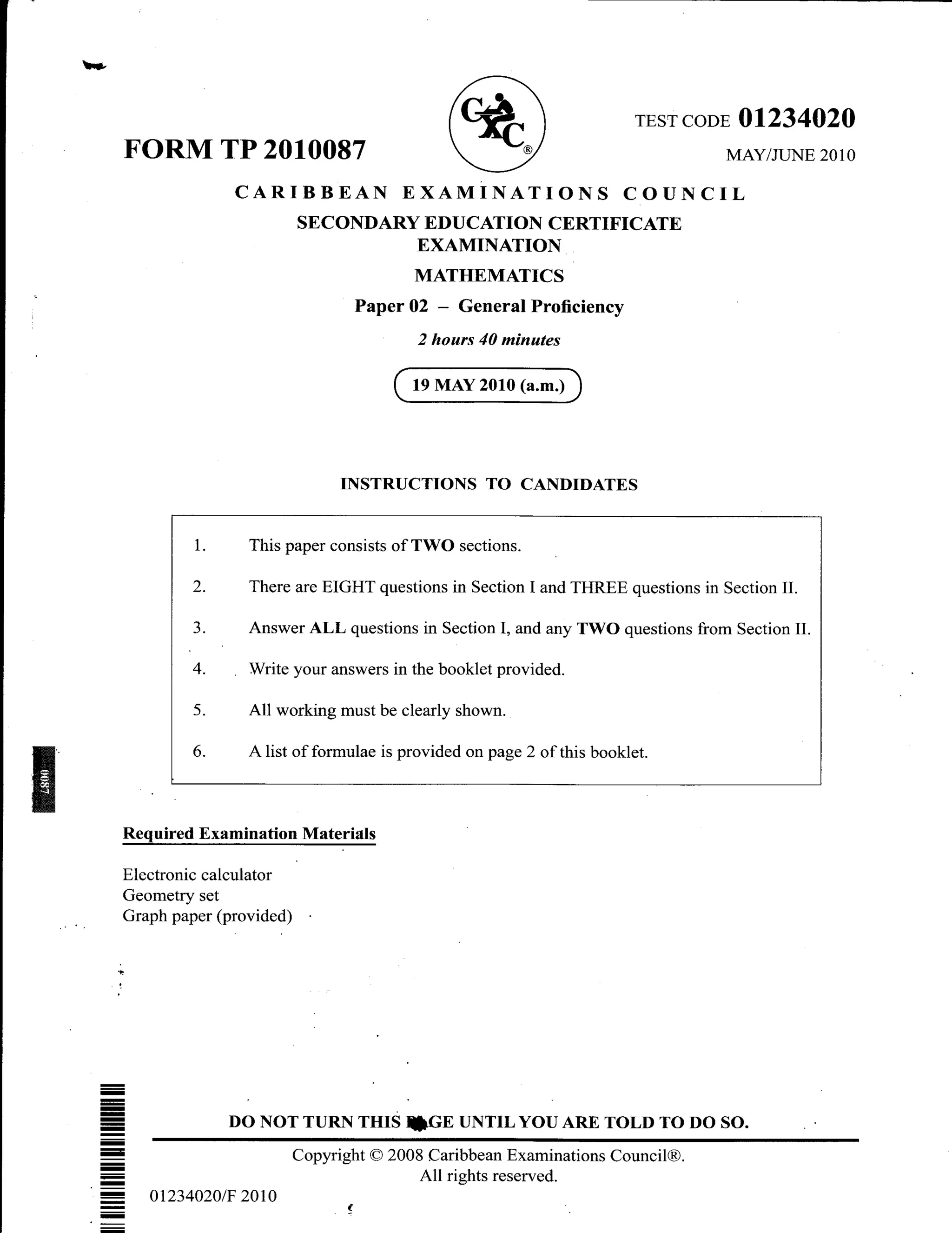 cxc June 2010 math | PDF