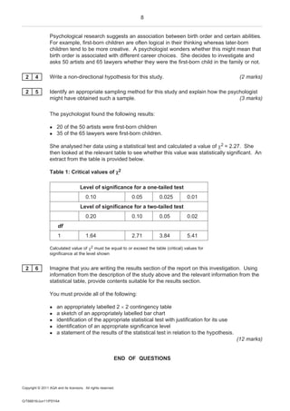 8


                 Psychological research suggests an association between birth order and certain abilities.
                 For example, first-born children are often logical in their thinking whereas later-born
                 children tend to be more creative. A psychologist wonders whether this might mean that
                 birth order is associated with different career choices. She decides to investigate and
                 asks 50 artists and 65 lawyers whether they were the first-born child in the family or not.

    2   4        Write a non-directional hypothesis for this study.                                        (2 marks)

    2   5        Identify an appropriate sampling method for this study and explain how the psychologist
                 might have obtained such a sample.                                             (3 marks)

                 The psychologist found the following results:

                     20 of the 50 artists were first-born children
                     35 of the 65 lawyers were first-born children.

                 She analysed her data using a statistical test and calculated a value of 2 = 2.27. She
                 then looked at the relevant table to see whether this value was statistically significant. An
                 extract from the table is provided below.

                 Table 1: Critical values of 2

                                     Level of significance for a one-tailed test
                                         0.10                   0.05      0.025          0.01
                                     Level of significance for a two-tailed test
                                         0.20                   0.10      0.05           0.02
                       df
                       1                 1.64                   2.71      3.84           5.41

                 Calculated value of 2 must be equal to or exceed the table (critical) values for
                 significance at the level shown


    2   6        Imagine that you are writing the results section of the report on this investigation. Using
                 information from the description of the study above and the relevant information from the
                 statistical table, provide contents suitable for the results section.

                 You must provide all of the following:

                    an appropriately labelled 2  2 contingency table
                    a sketch of an appropriately labelled bar chart
                    identification of the appropriate statistical test with justification for its use
                    identification of an appropriate significance level
                    a statement of the results of the statistical test in relation to the hypothesis.
                                                                                                          (12 marks)


                                                           END OF QUESTIONS




Copyright © 2011 AQA and its licensors. All rights reserved.


G/T66816/Jun11/PSYA4
 